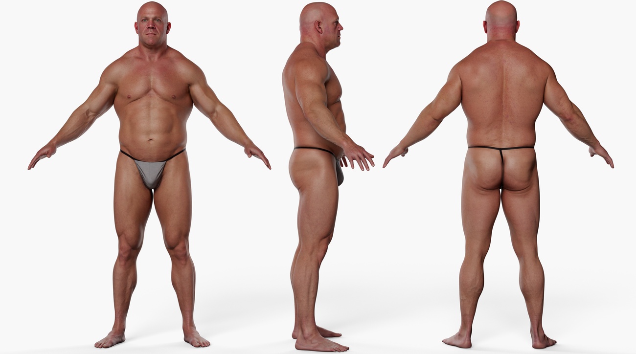 Full body 3D scan of a large heavy-set muscular male, retopologised quad mesh with PBR skin textures